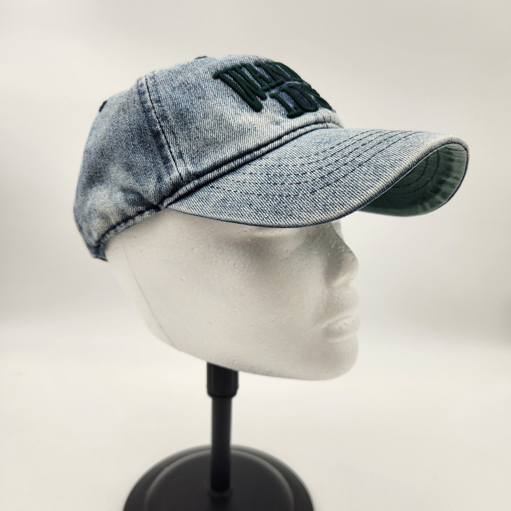 Wanderlust Embroidered Acid Wash Denim Baseball Cap Blue Green Adjustable NEW